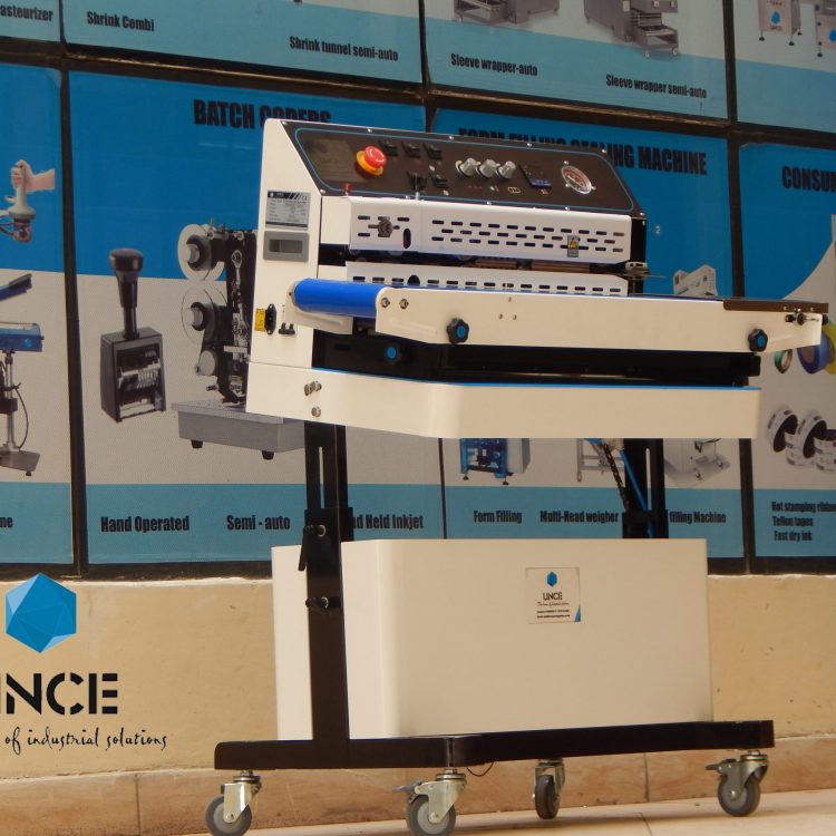Continuous band sealing machine with gas flushing, coding & vacuum
